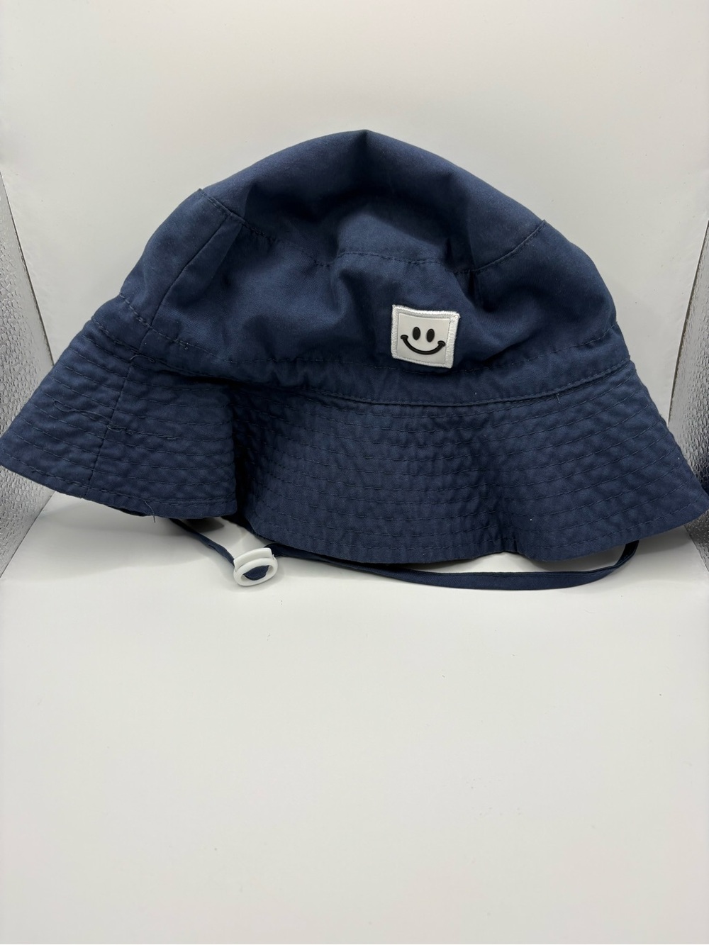 Kids Navy Blue Smiley Face Bucket Sun Hat Adjustable Chin Strap 50cm
